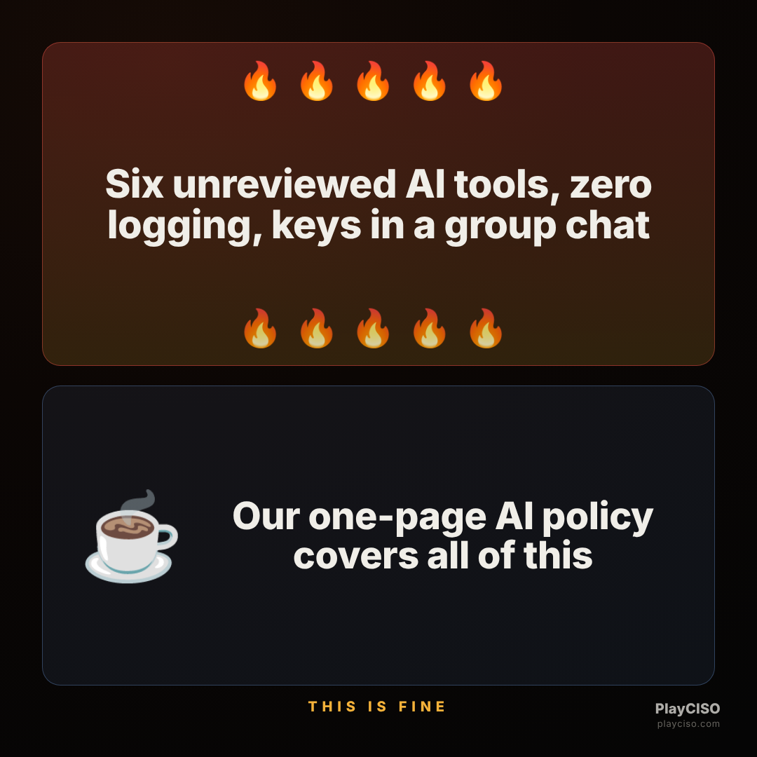 This-is-fine meme about unmanaged AI tools covered by a one-page policy.