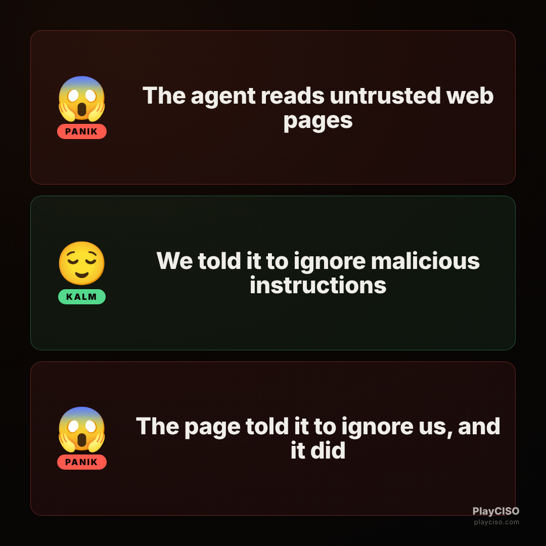 Panik meme about prompt injection overriding the system instruction.