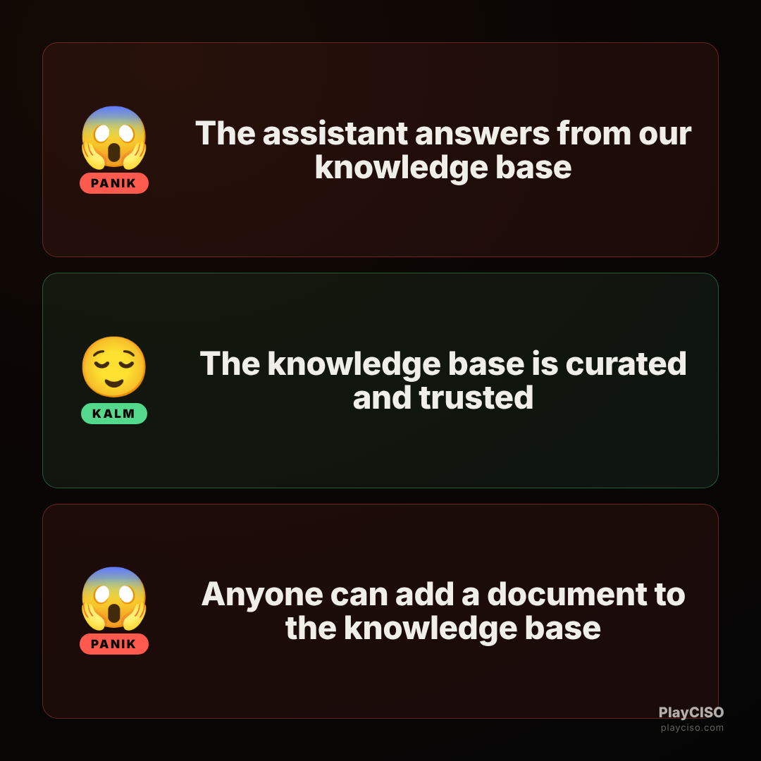 Panik meme about a RAG knowledge base anyone can poison with a document.