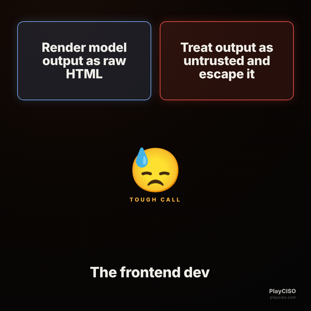 Two-buttons meme between rendering model output as raw HTML and escaping it.