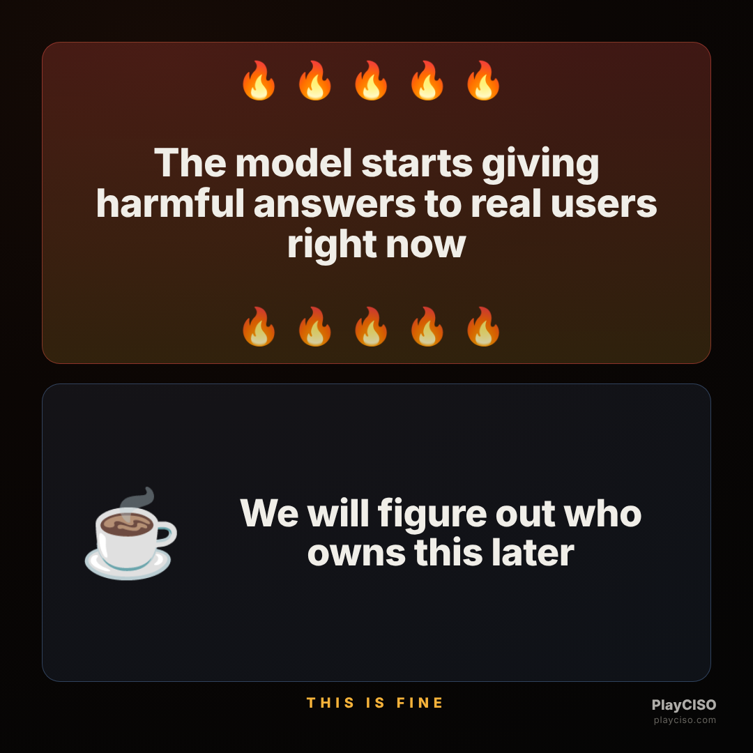 This-is-fine meme about no AI incident plan while the model misbehaves live.