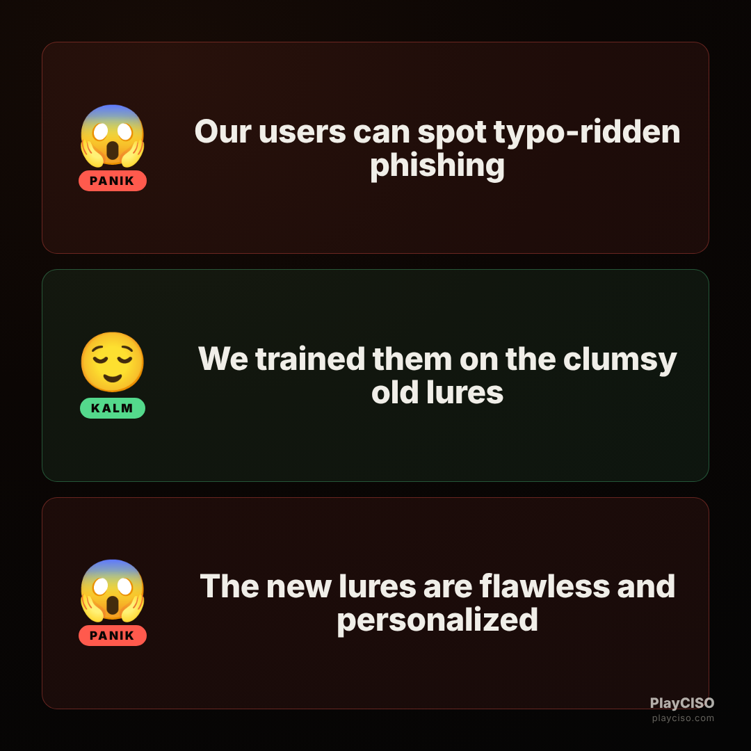 Panik meme about users trained on clumsy phishing facing flawless AI-written lures.
