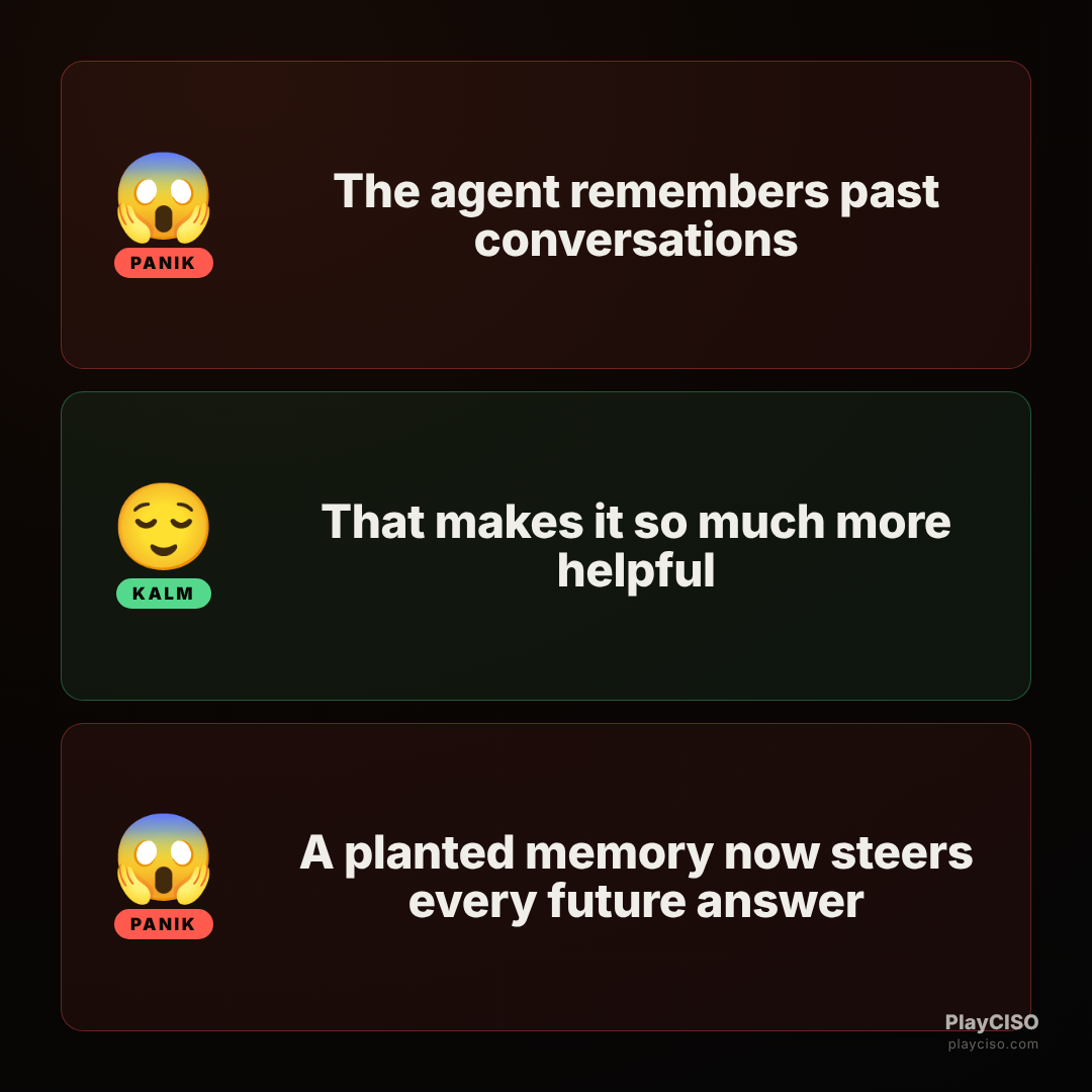 Panik meme about a poisoned agent memory steering future answers.