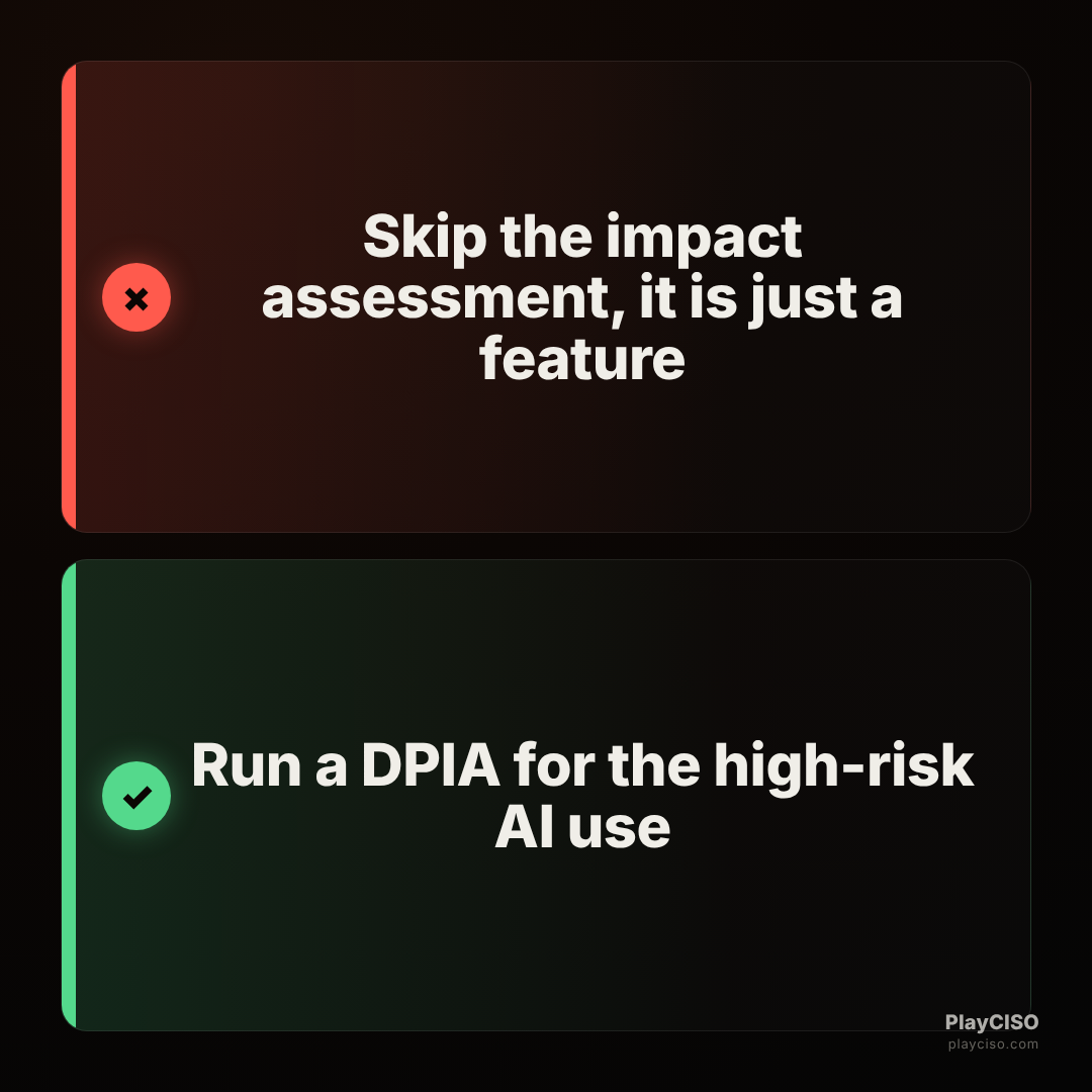 Choice meme rejecting skipping an impact assessment and approving a DPIA for high-risk AI.