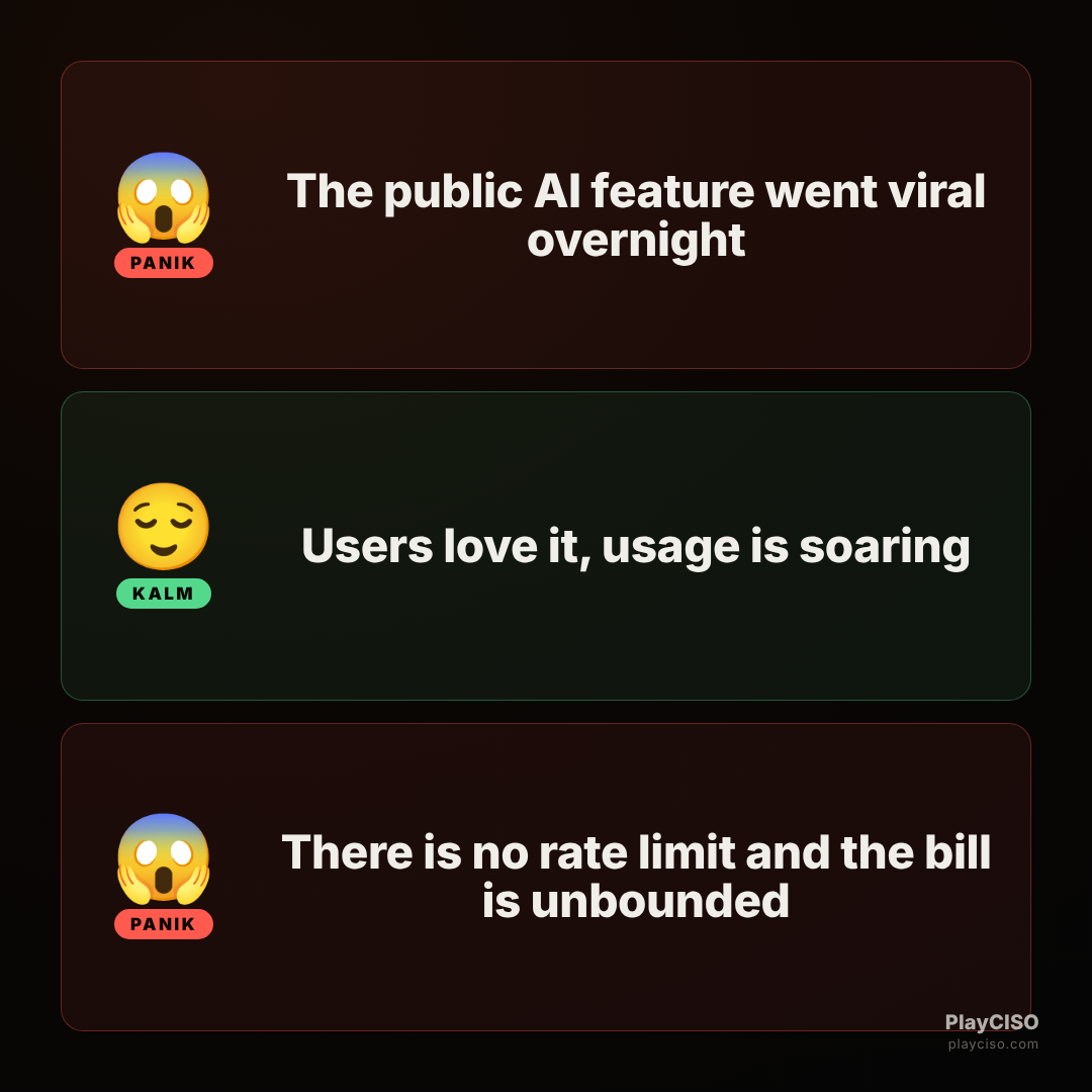 Panik meme about a viral AI feature with no rate limit and an unbounded bill.