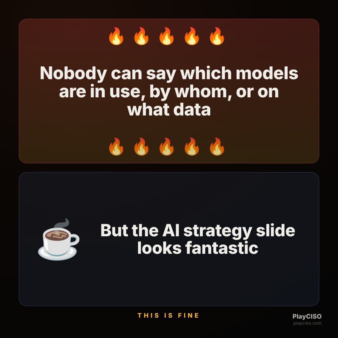 This-is-fine meme about no AI inventory behind a great strategy slide.