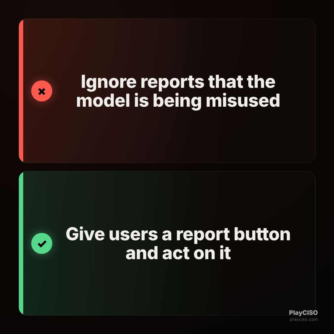 Choice meme rejecting ignoring misuse reports and approving a report button with follow-up.