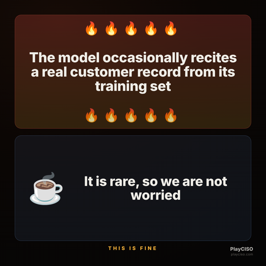 This-is-fine meme about a model occasionally reciting real training records.
