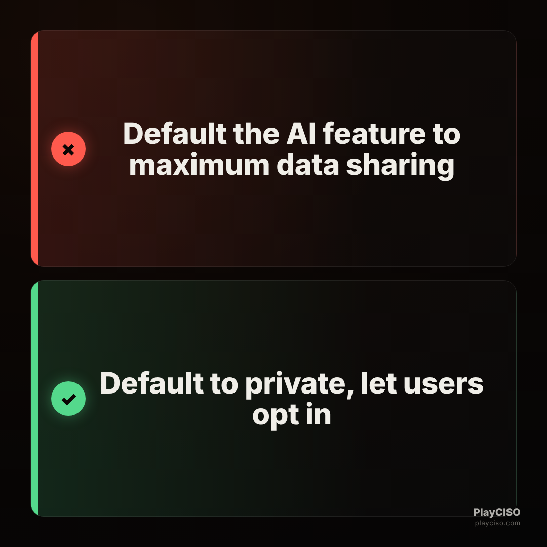 Choice meme rejecting defaulting to max data sharing and approving private defaults with opt-in.