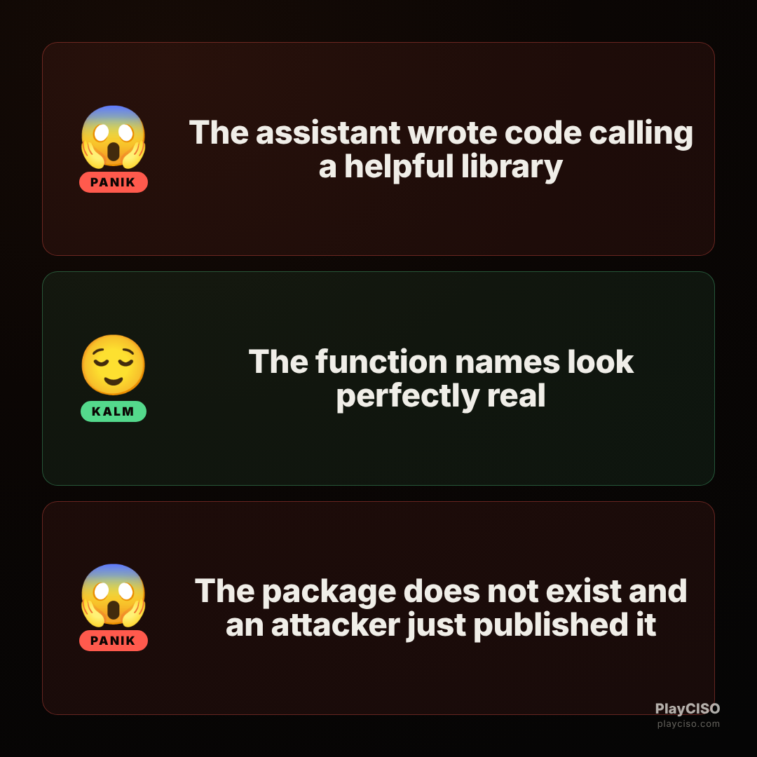 Panik meme about a model inventing a package name that an attacker then registers.
