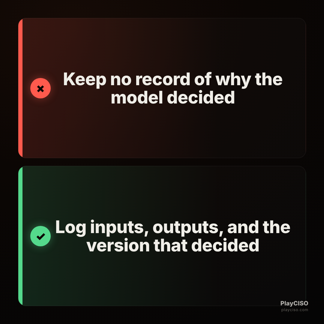 Choice meme rejecting keeping no decision record and approving logging inputs, outputs, and version.