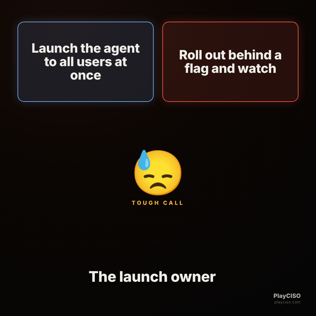 Two-buttons meme between launching an agent to everyone and a flagged rollout.