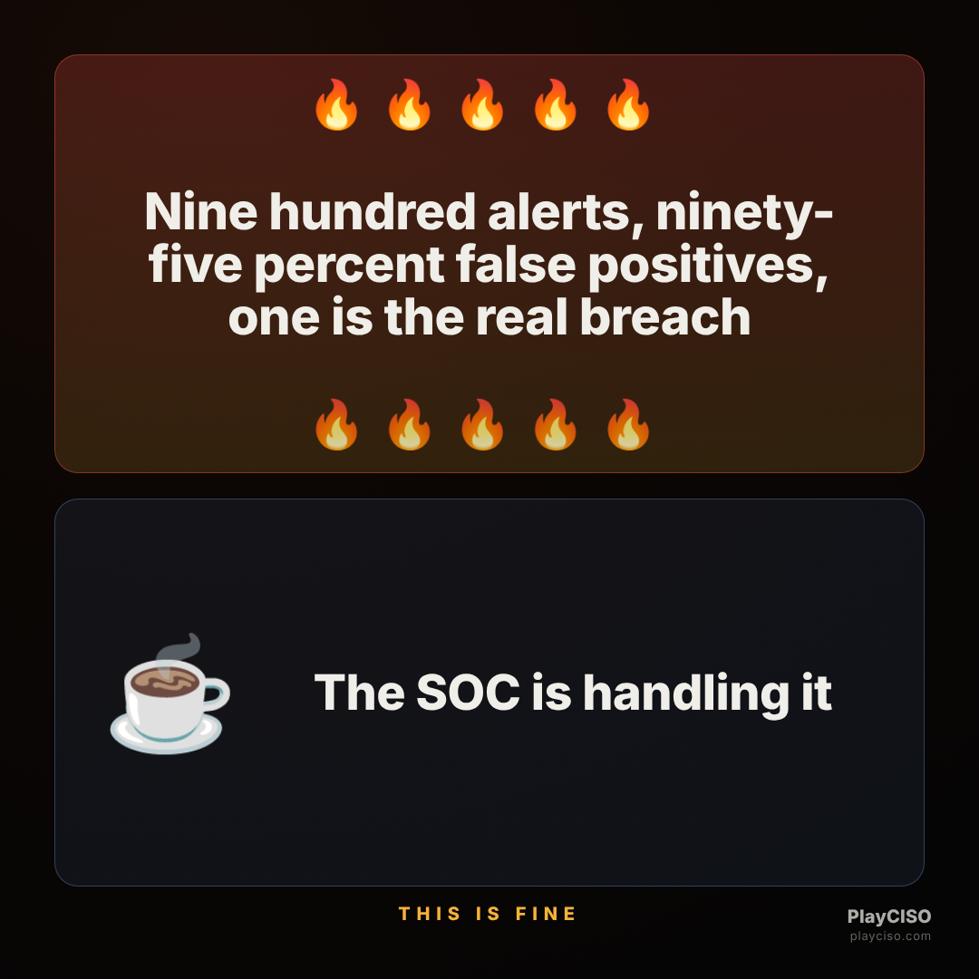 This-is-fine meme about alert fatigue burying one real breach in false positives.