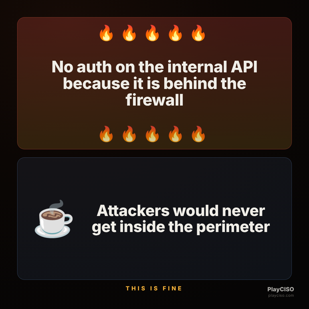 This-is-fine meme about an unauthenticated internal API trusted because it is behind the firewall.