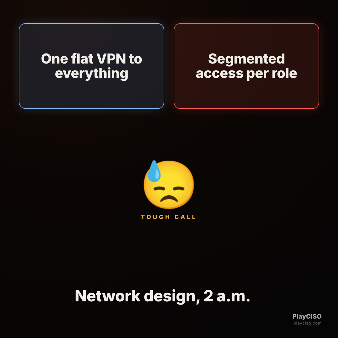 Two-buttons meme between a flat VPN to everything and segmented access.