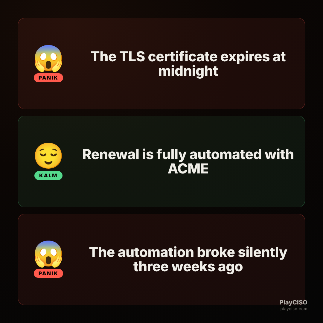 Panik meme about a TLS cert expiring with broken silent renewal automation.