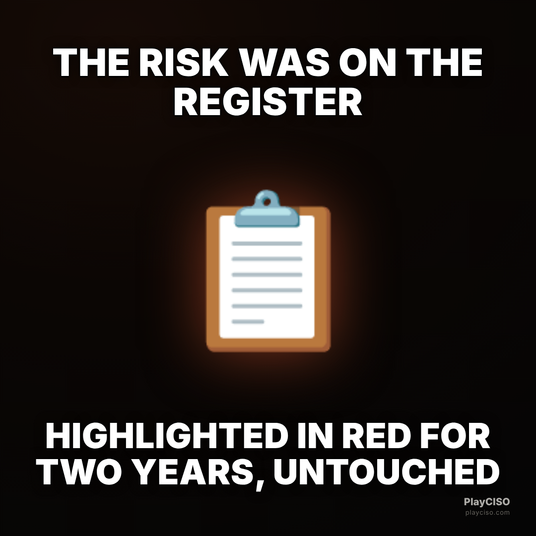 Classic meme over a clipboard: the risk was on the register, red for two years.