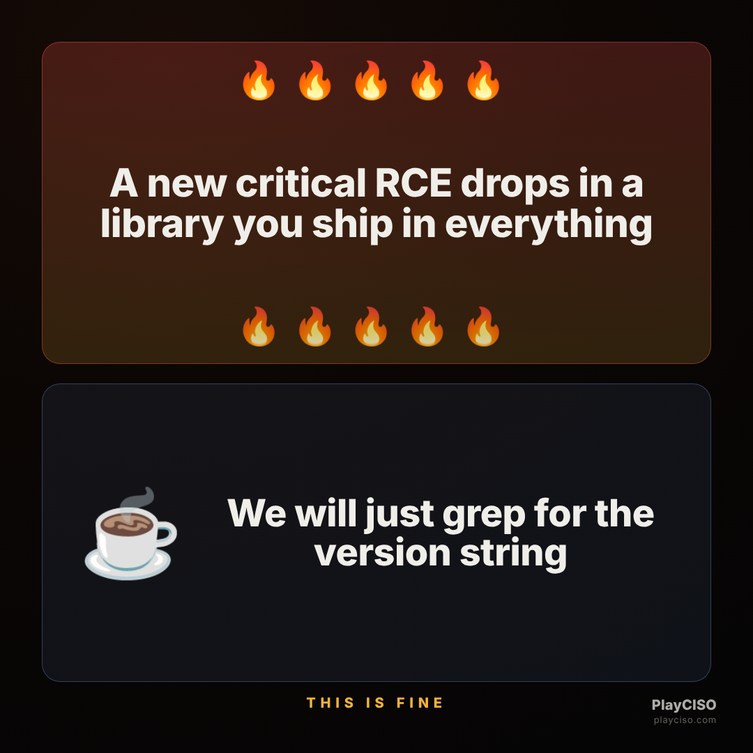 This-is-fine meme about a new critical RCE in a ubiquitous library.