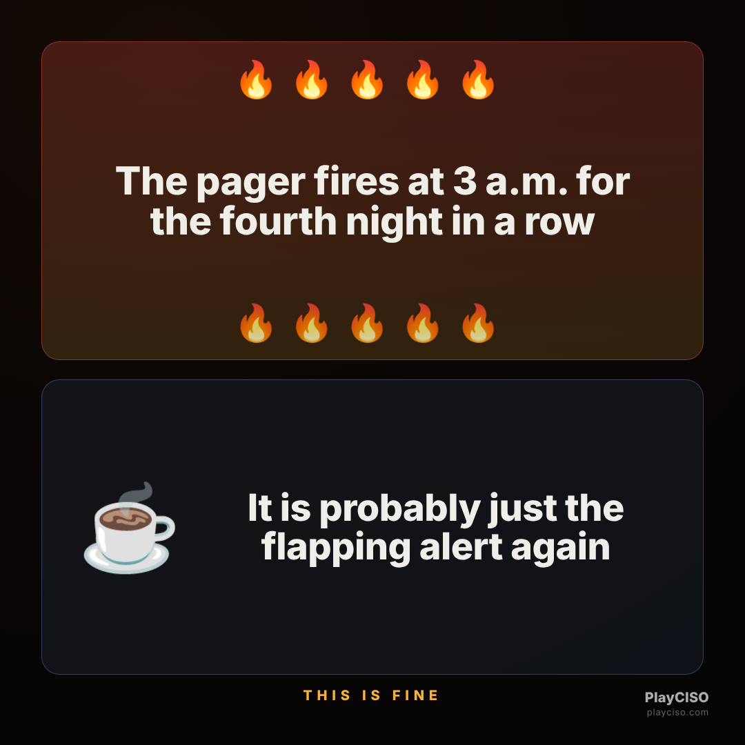 This-is-fine meme about repeated 3 a.m. pages dismissed as a flapping alert.