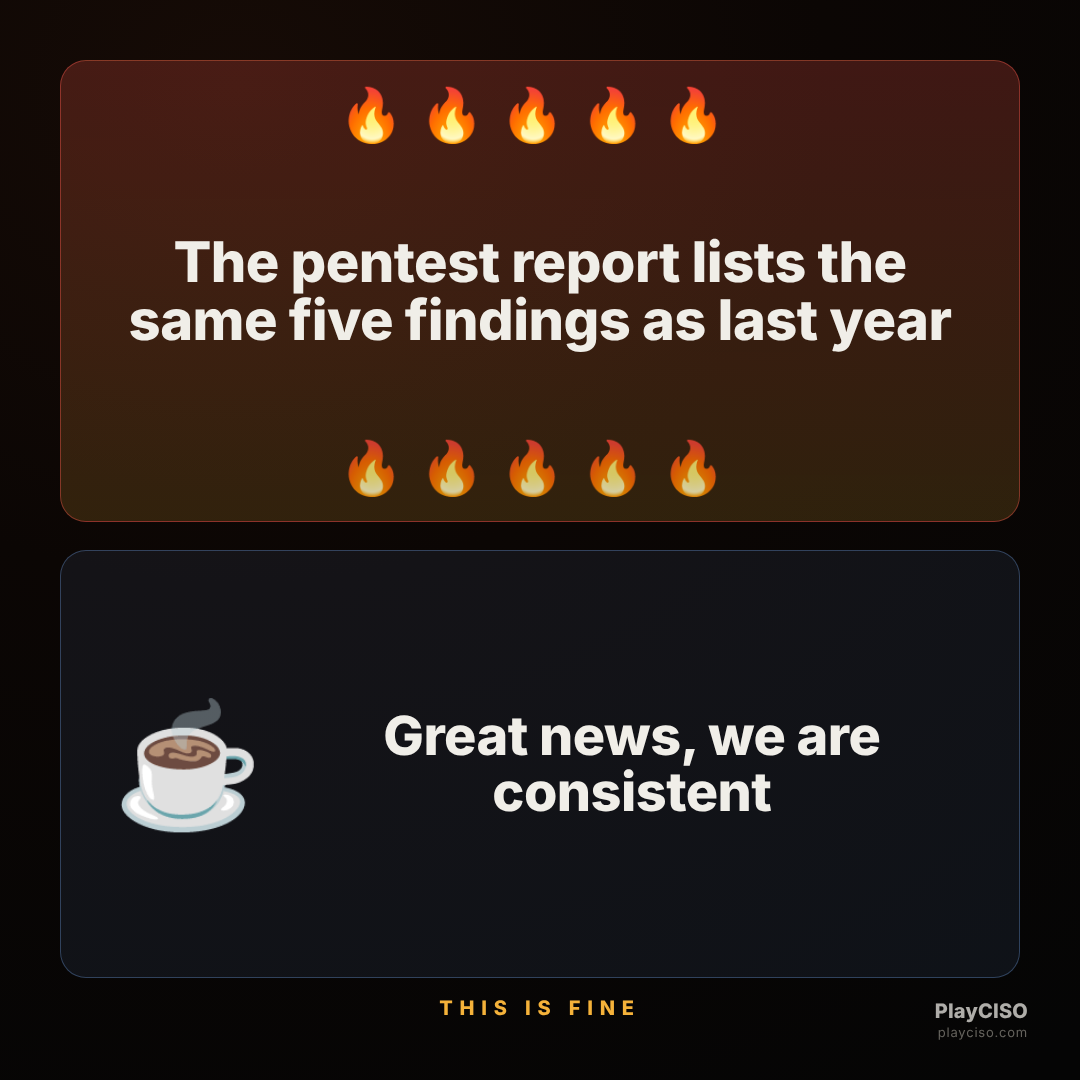 This-is-fine meme about a pentest repeating last year findings.