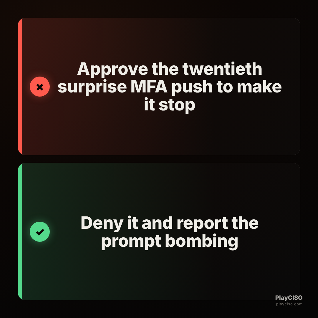 Choice meme rejecting approving MFA push spam and approving denying and reporting it.