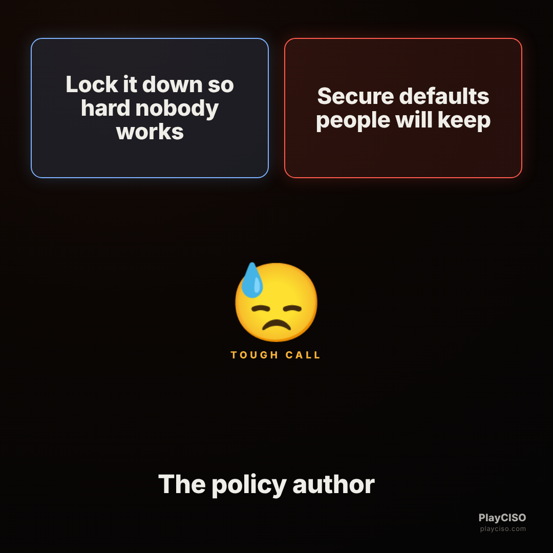 Two-buttons meme between locking everything down and secure usable defaults.
