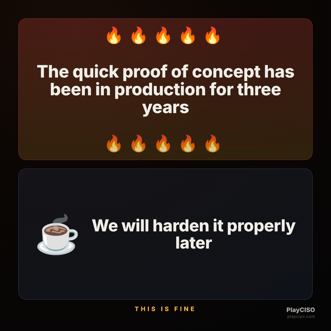 This-is-fine meme about a throwaway PoC running in production for years.