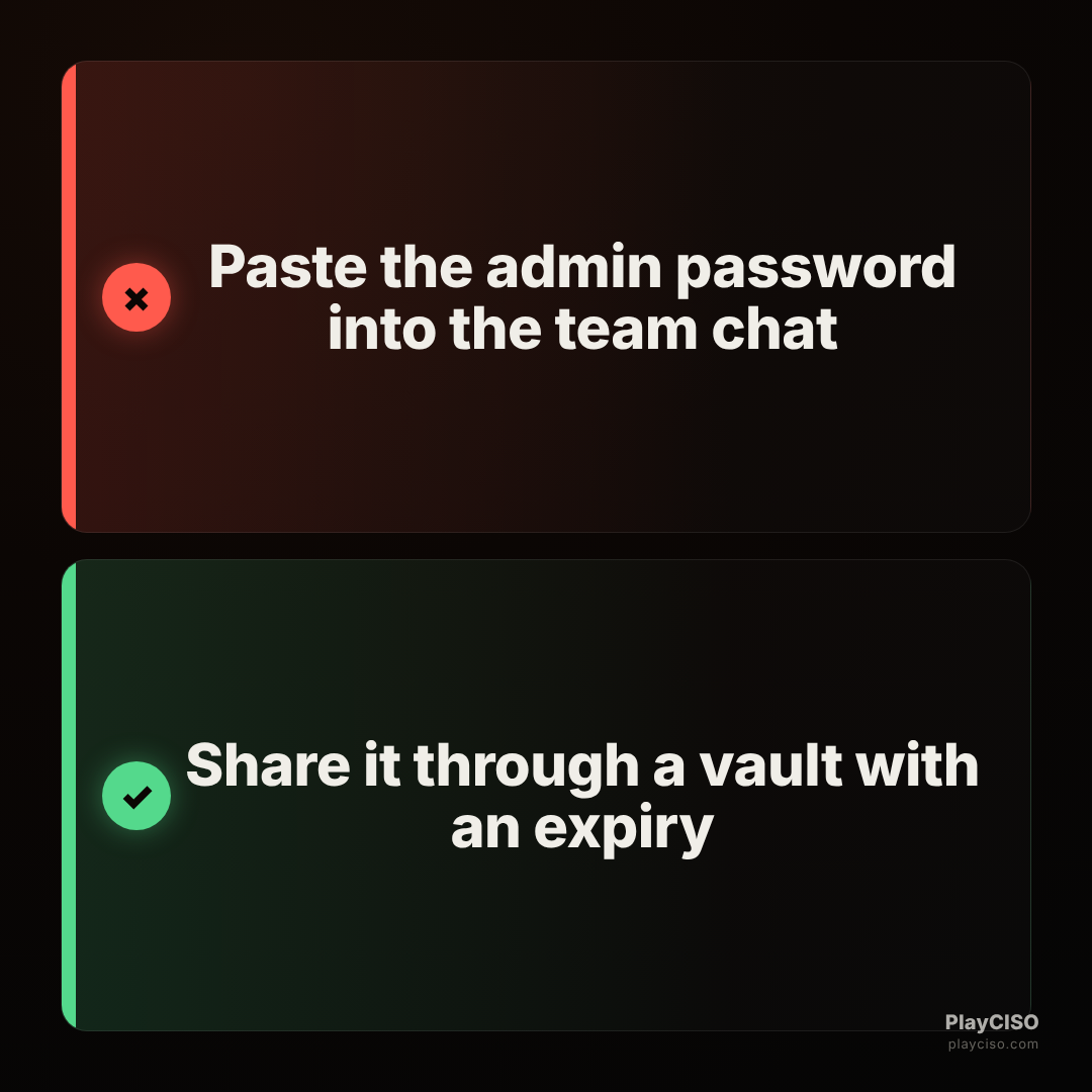 Choice meme rejecting pasting a password into chat and approving a vault with expiry.