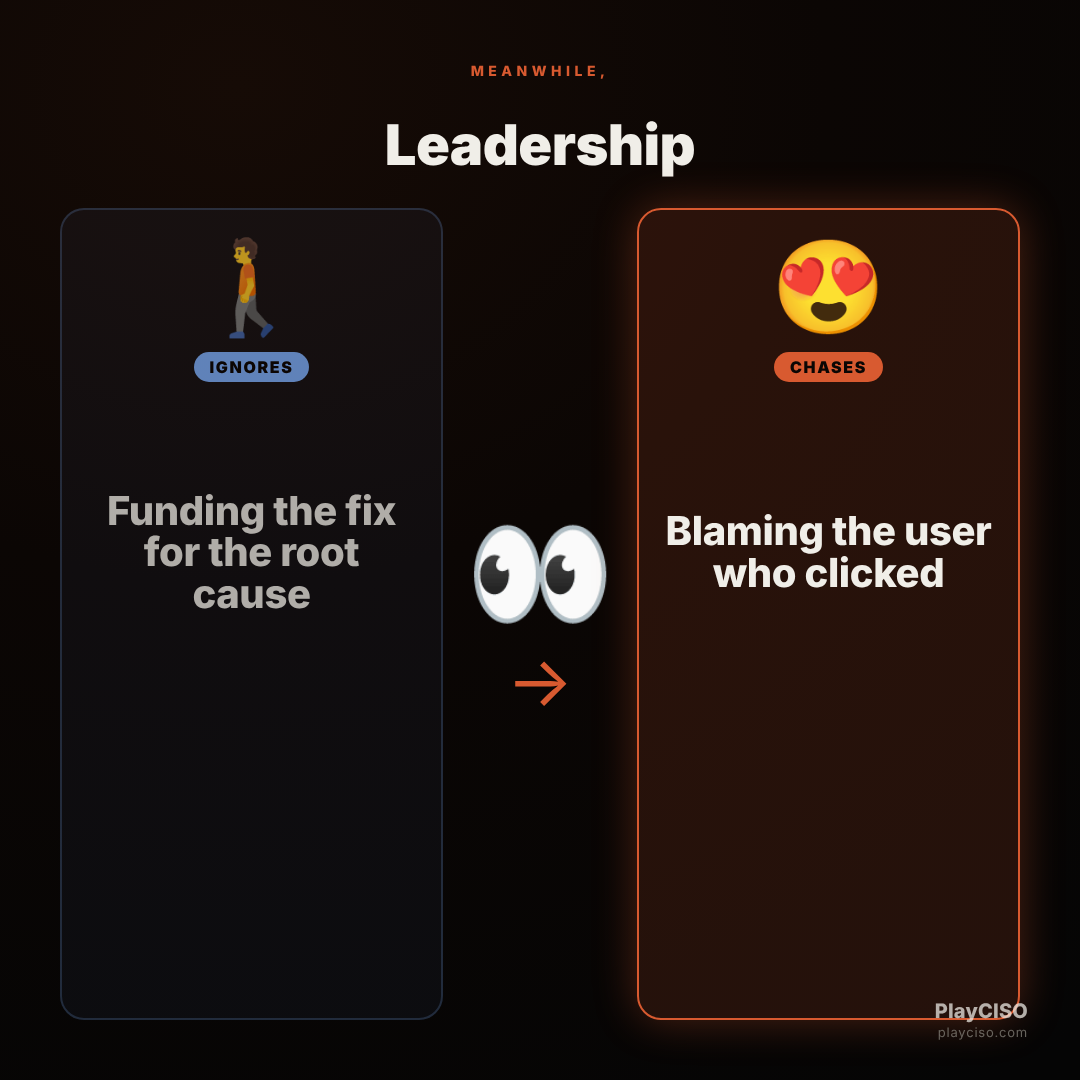 Distracted meme: leadership blames the user who clicked instead of funding the fix.
