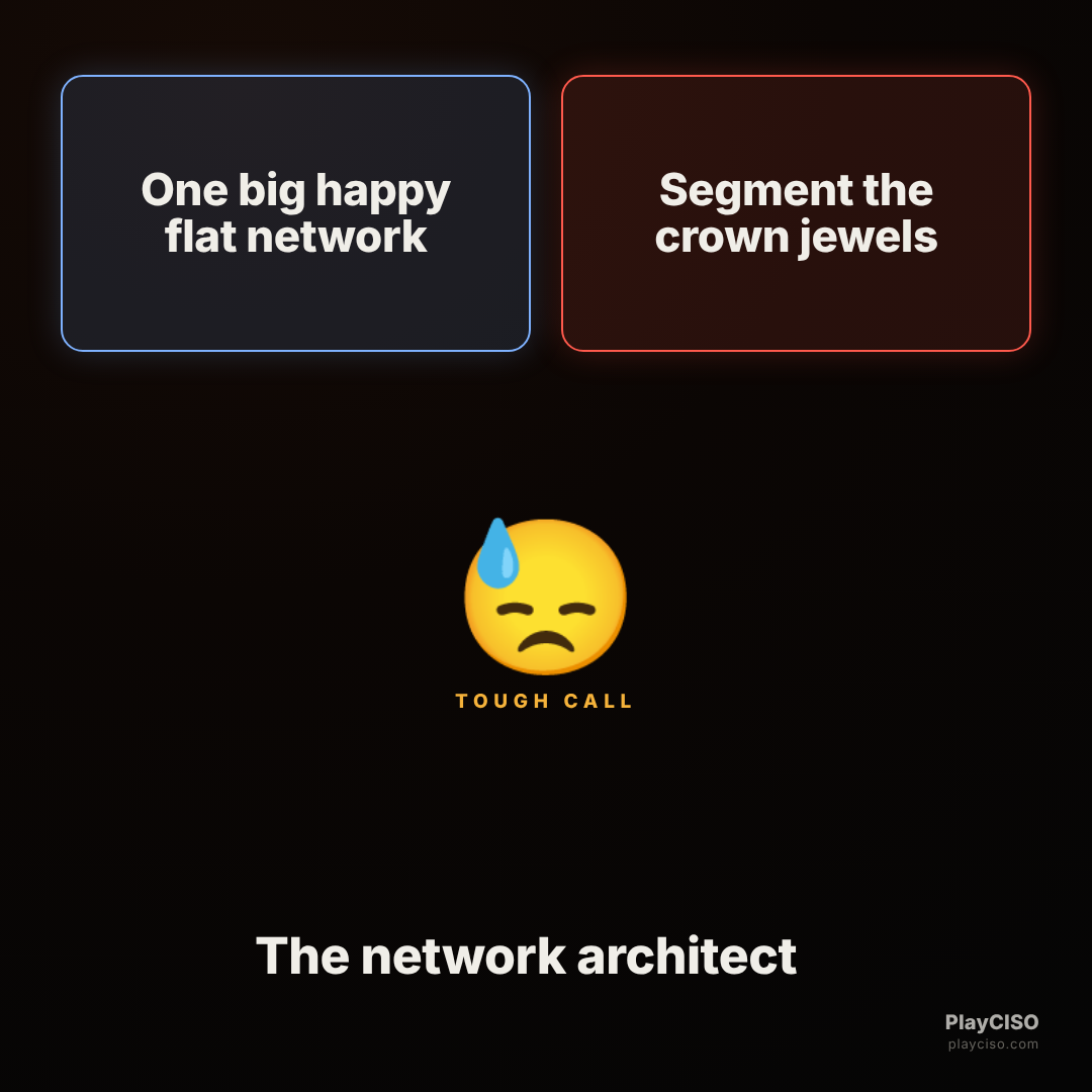 Two-buttons meme between a flat network and segmenting the crown jewels.