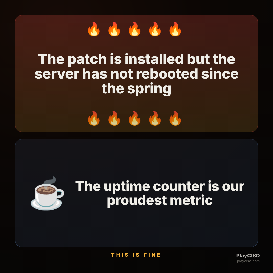 This-is-fine meme about a patched-but-unrebooted server with proud uptime.