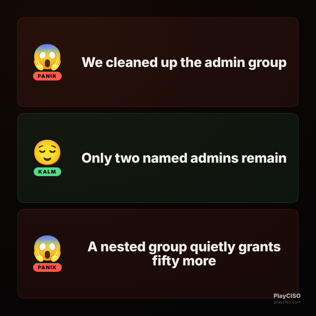 Panik meme about a cleaned admin group with fifty hidden members via nesting.