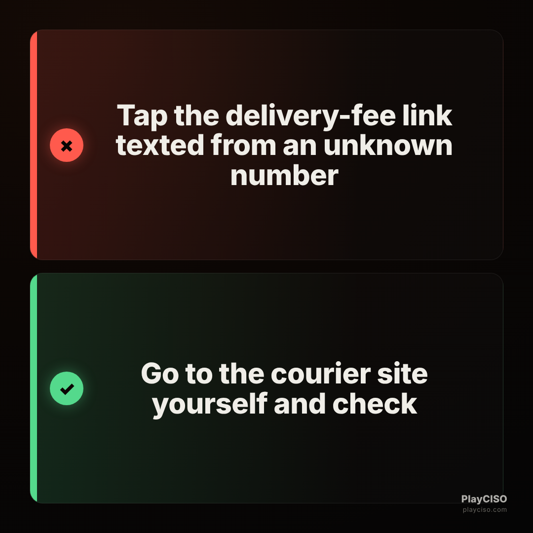 Choice meme rejecting a smishing delivery link and approving checking the courier site directly.