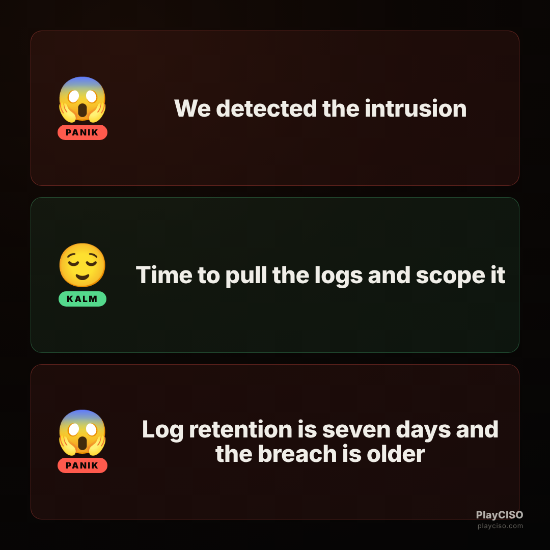 Panik meme about investigating a breach older than the seven-day log retention.