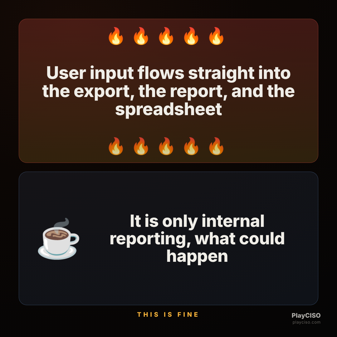 This-is-fine meme about unsanitized input flowing into exports and spreadsheets.