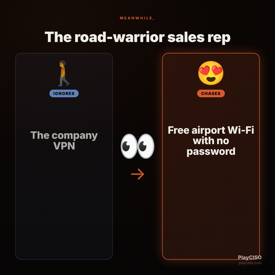 Distracted meme: a sales rep ignores the VPN for open airport Wi-Fi.