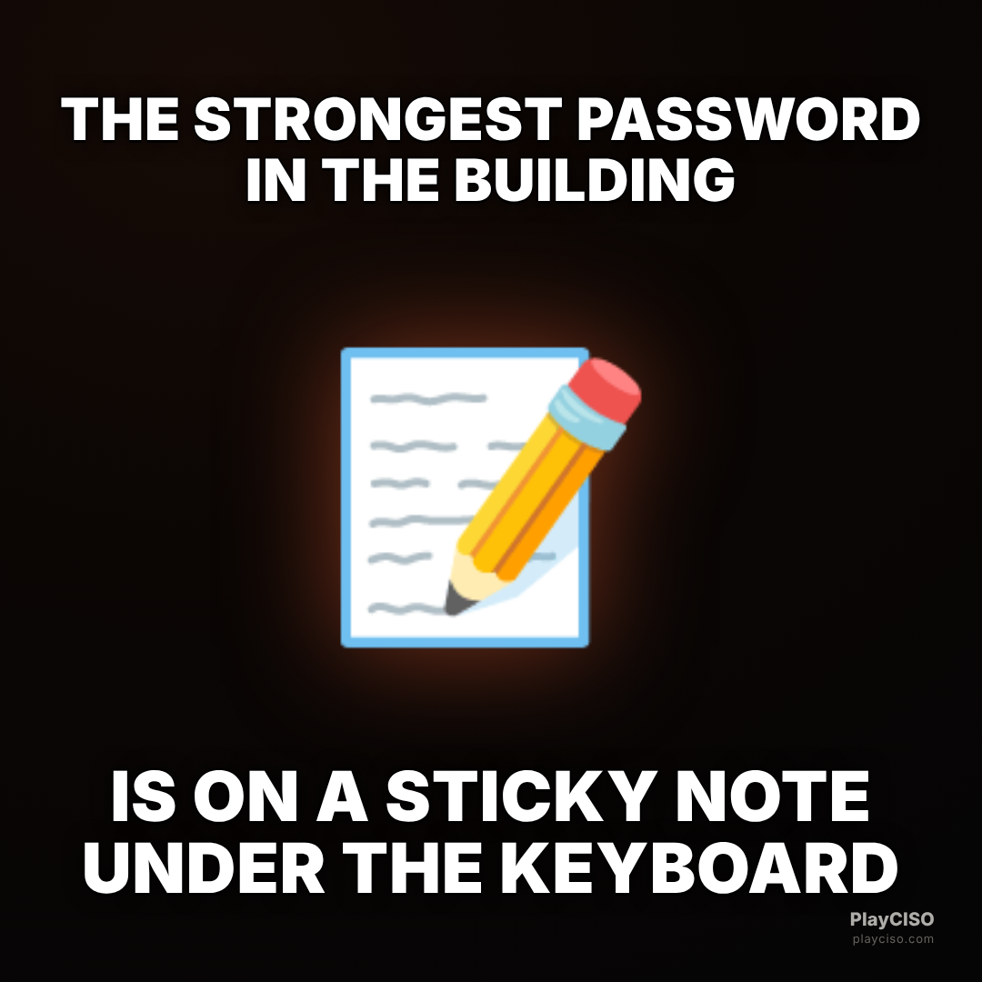 Classic meme over a note: the strongest password is on a sticky note under the keyboard.