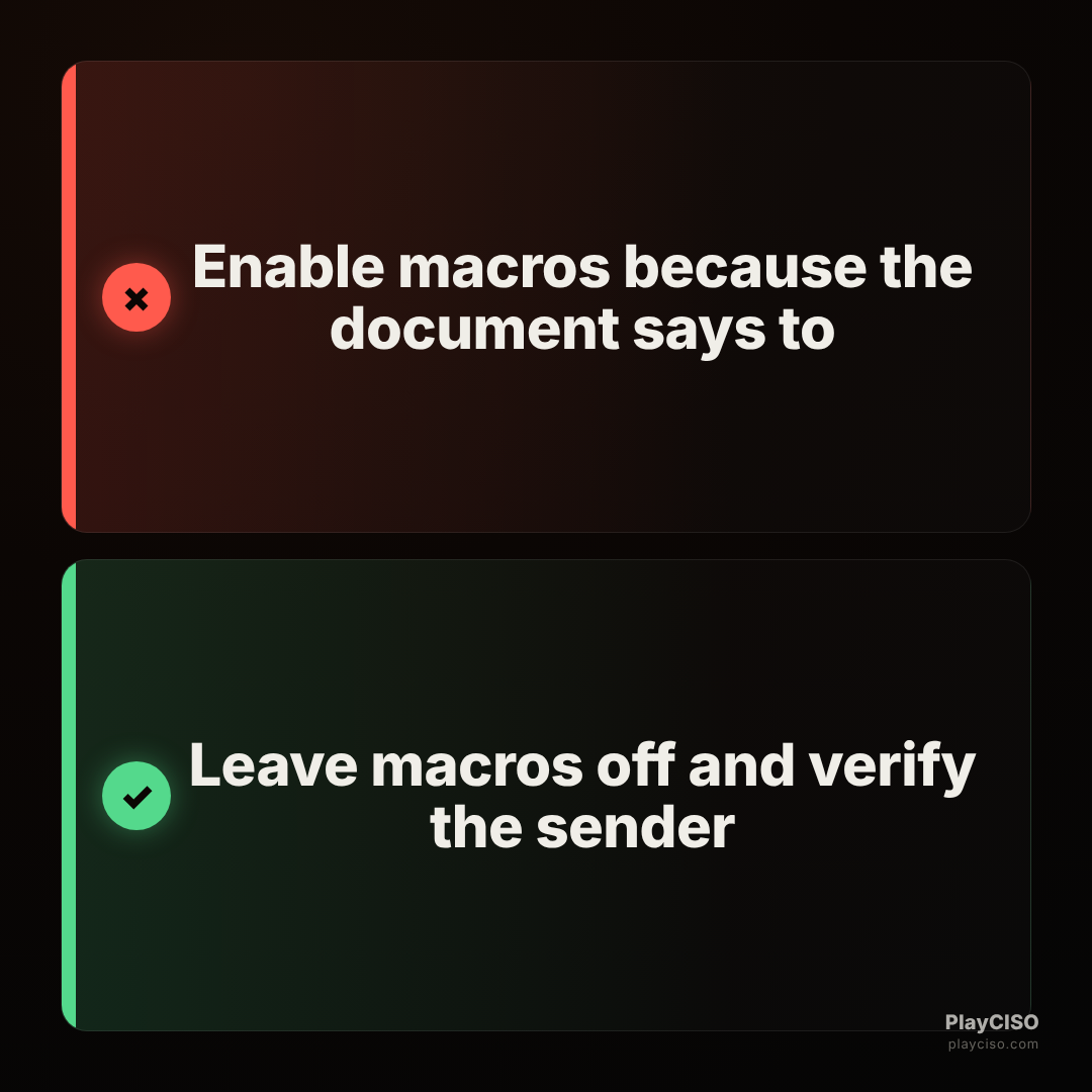 Choice meme rejecting enabling macros on request and approving verifying the sender.