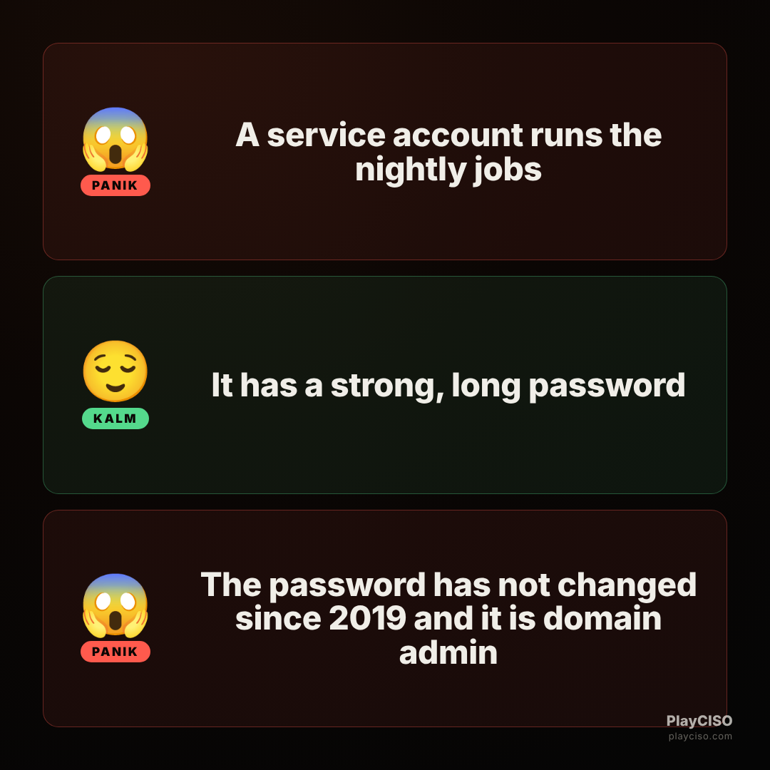 Panik meme about a stale domain-admin service account password from 2019.