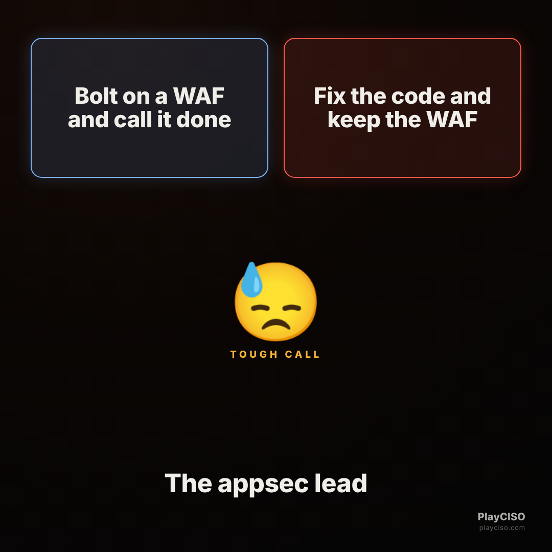 Two-buttons meme between relying on a WAF and fixing the code behind it.