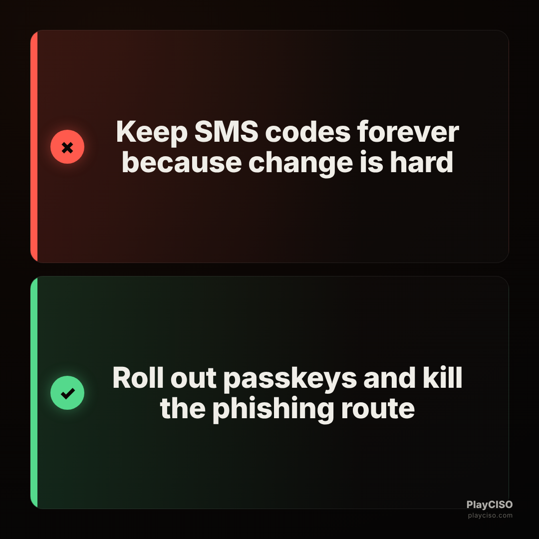 Choice meme rejecting keeping SMS codes and approving rolling out passkeys.