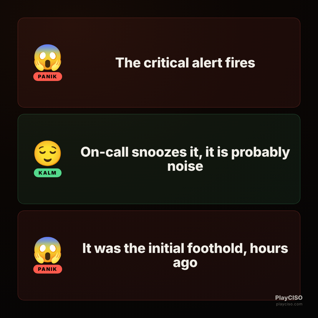 Panik meme about snoozing the alert that was the initial breach foothold.