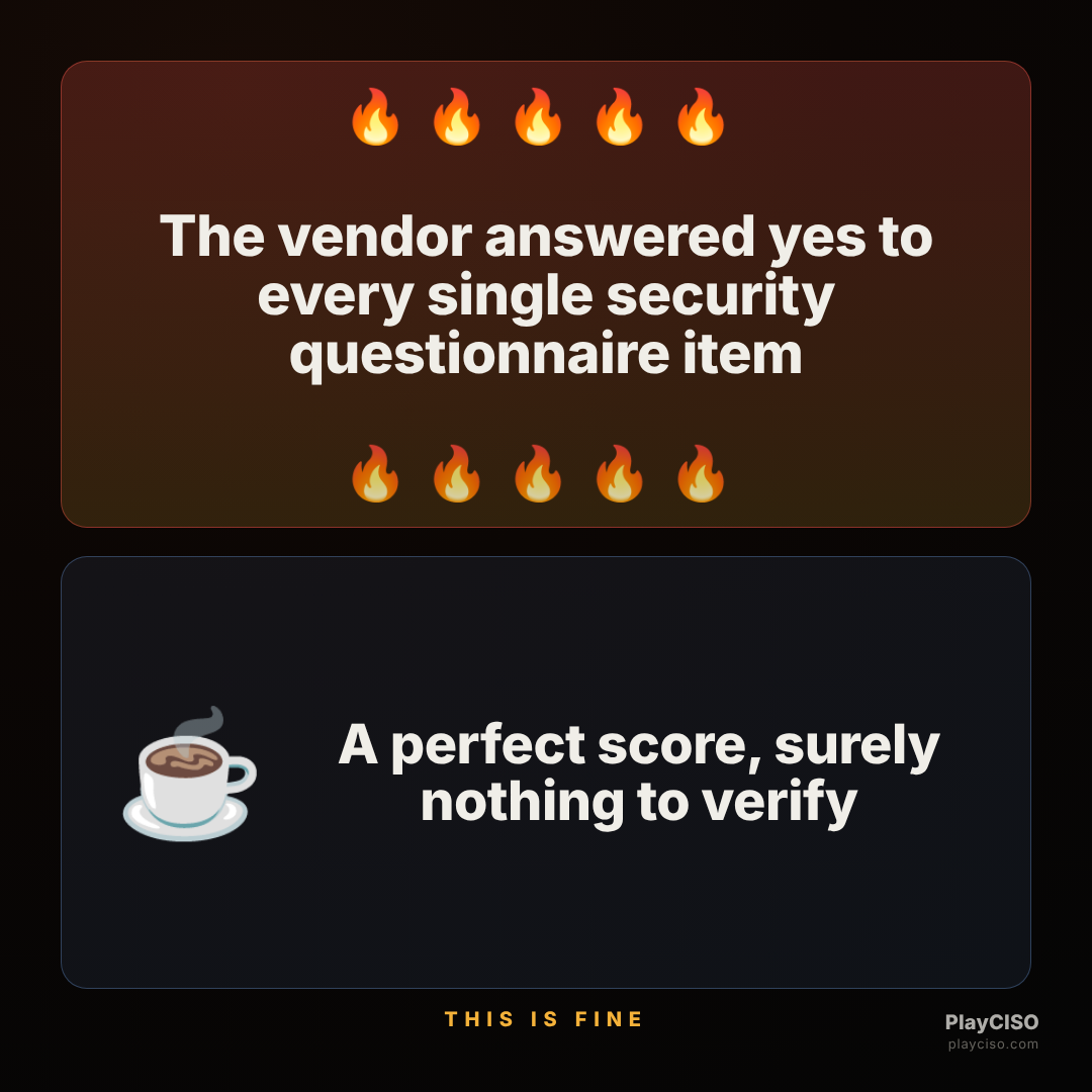 This-is-fine meme about a vendor answering yes to every questionnaire item.